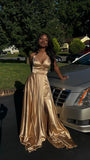 A Line V Neck Gold Sleeveless Satin Long Prom Dress,Formal Gown