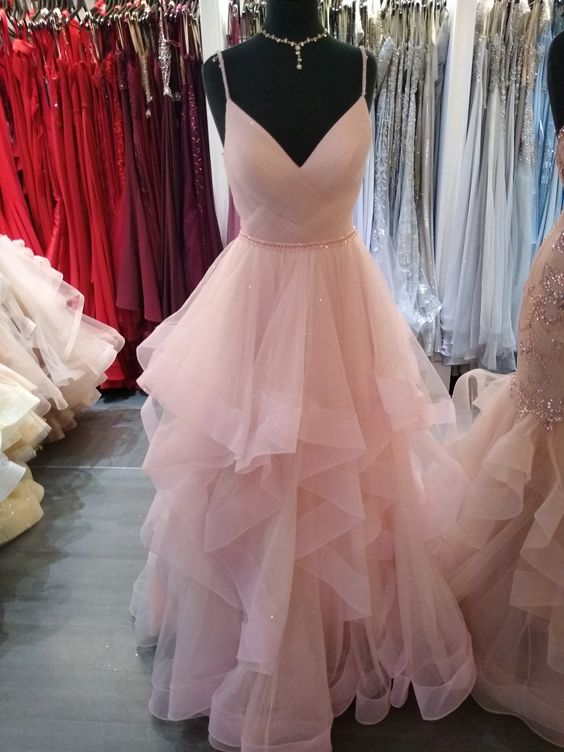 Romantic Light Pink Spaghetti Straps A-line Tiered Ruffles Prom Dress
