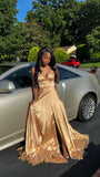 A Line V Neck Gold Sleeveless Satin Long Prom Dress,Formal Gown