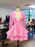Pink Cocktail Dresses A-Line V-Neck Long Sleeve Shiny Sequin Homecoming Dresses