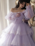 Lavender Tulle Layers Ball Gown Princess Formal Dresses,Long Birthday Celebrity Dress