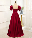 Red Short Sleeve Prom Dress,A-line Satin Birthday Dresses