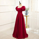 Red Short Sleeve Prom Dress,A-line Satin Birthday Dresses