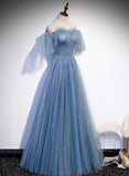 Charming Light Blue Tulle Puffy Sleeves Floor Length Party Dress,Blue A-line Princess Gowns Prom Dresses
