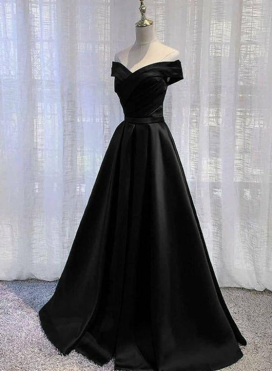 Black Satin Off Shoulder Long Simple Evening Dress Party – jkprom