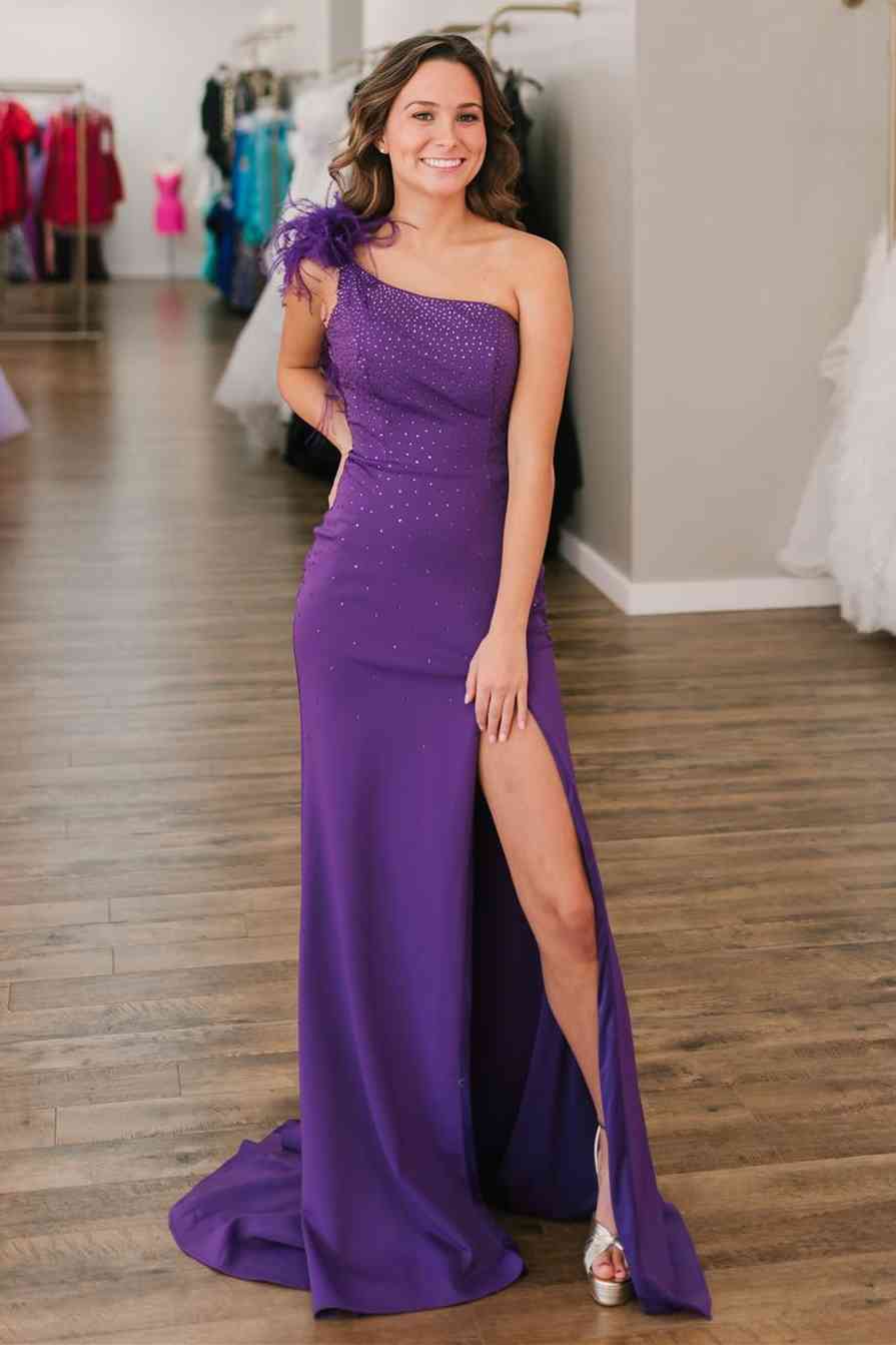 Beaded One-Shoulder Hot Pink Leg Slit Long Formal Dress with Feathers