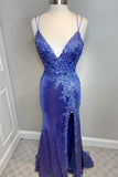 Mermaid Purple Sequins Long Prom Dress with Slit,Navy Blue Evening Party Gowns