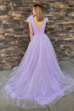 Glitter Feathers V-Neck Empire Waist A-Line Prom Gown,Evening Party Dress