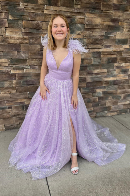 Glitter Feathers V-Neck Empire Waist A-Line Prom Gown,Evening Party Dress