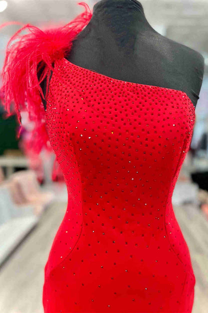 Beaded One-Shoulder Hot Pink Leg Slit Long Formal Dress with Feathers