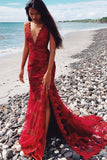Red Lace Evening Dresses with Beaded Floral Appliques