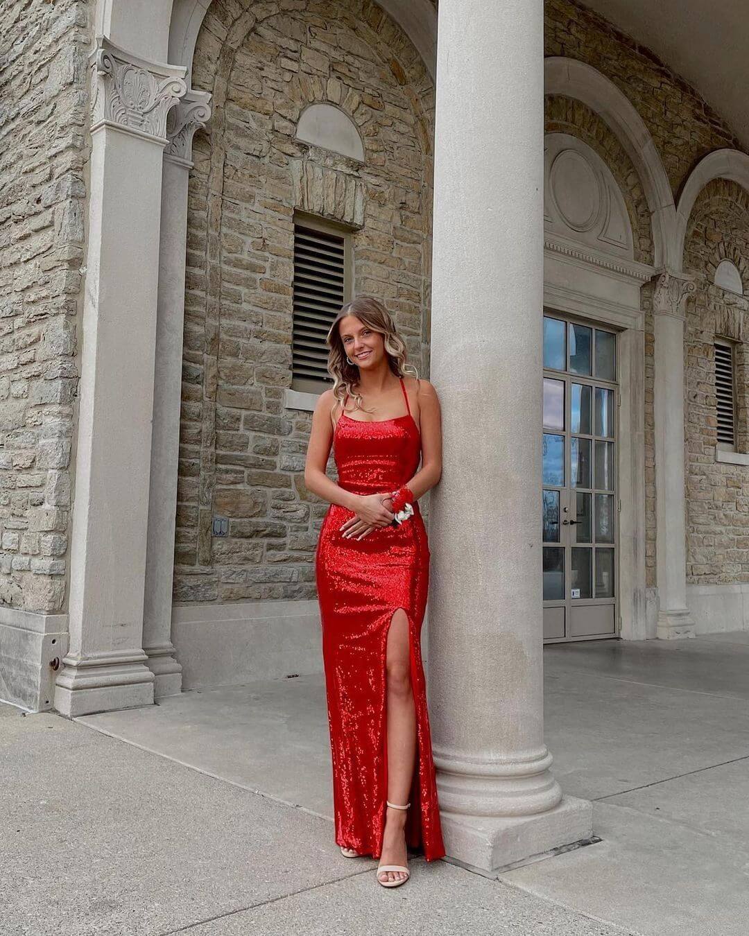 Elegant Red Sequins Prom Dresses Split Evening Gowns