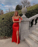 Elegant Red Sequins Prom Dresses Split Evening Gowns