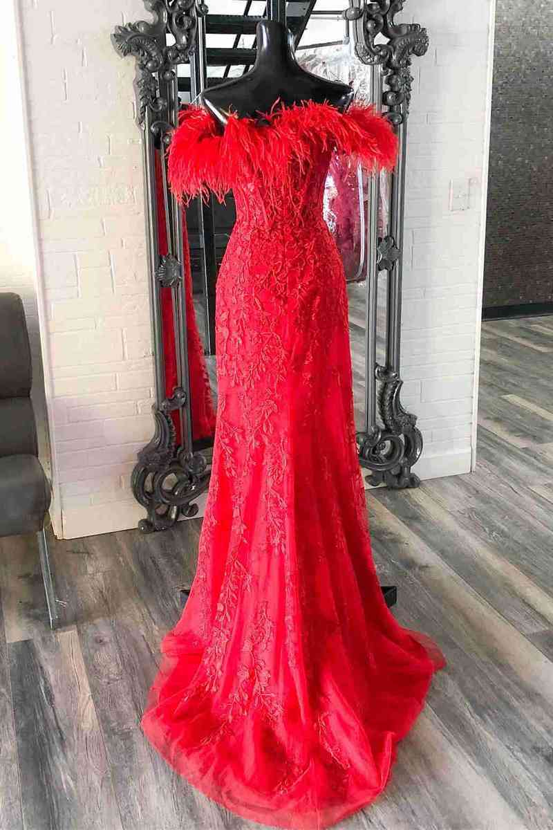 feather prom dress Plunging Red Feather Shoulder Long Prom Dress Evening Gown – jkprom