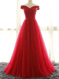 Red A Line Off Shoulder Tulle Prom Dress, Formal Graduation Dresses