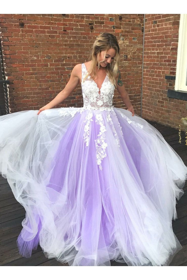 A-Line Purple Tulle V-neck Floor Length Prom Dress with White Appliques