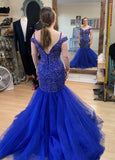 Rhinestones Royal Blue Prom Dresses Tulle Skirt,Mermaid Formal Dress