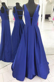 Royal Blue Satin Prom Gowns with Deep V-neckline,Formal Dresses