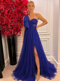 A Line Royal Blue Tulle Long Evening Dresses,Leg Slit Yellow Prom Gowns