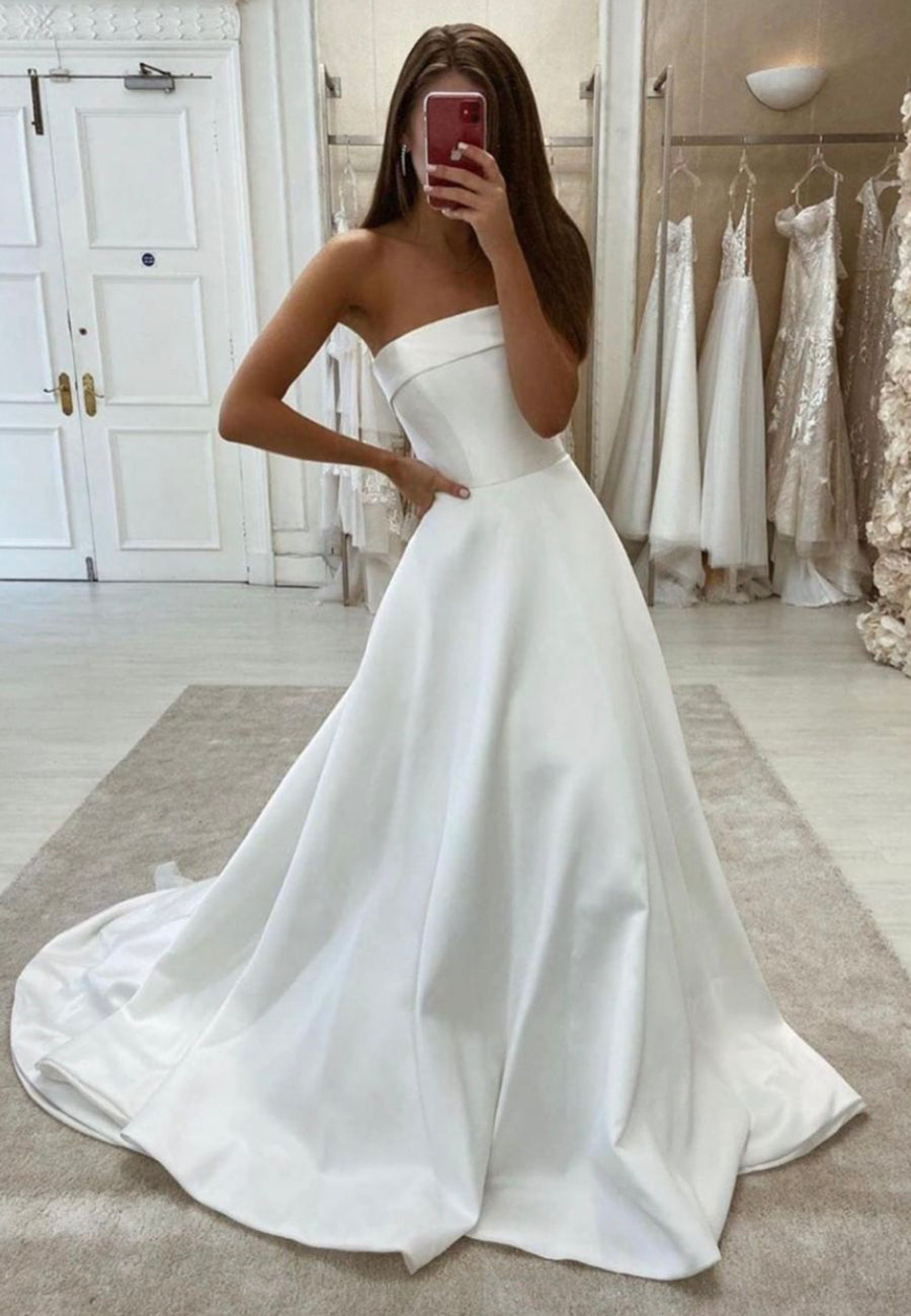 White Strapless Satin Long Prom Dresses,Simple Wedding Dress – jkprom