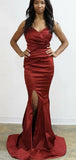 Rust Red V-neck Pleats Mermaid Side-slit Long Prom Dress