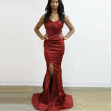 Rust Red V-neck Pleats Mermaid Side-slit Long Prom Dress