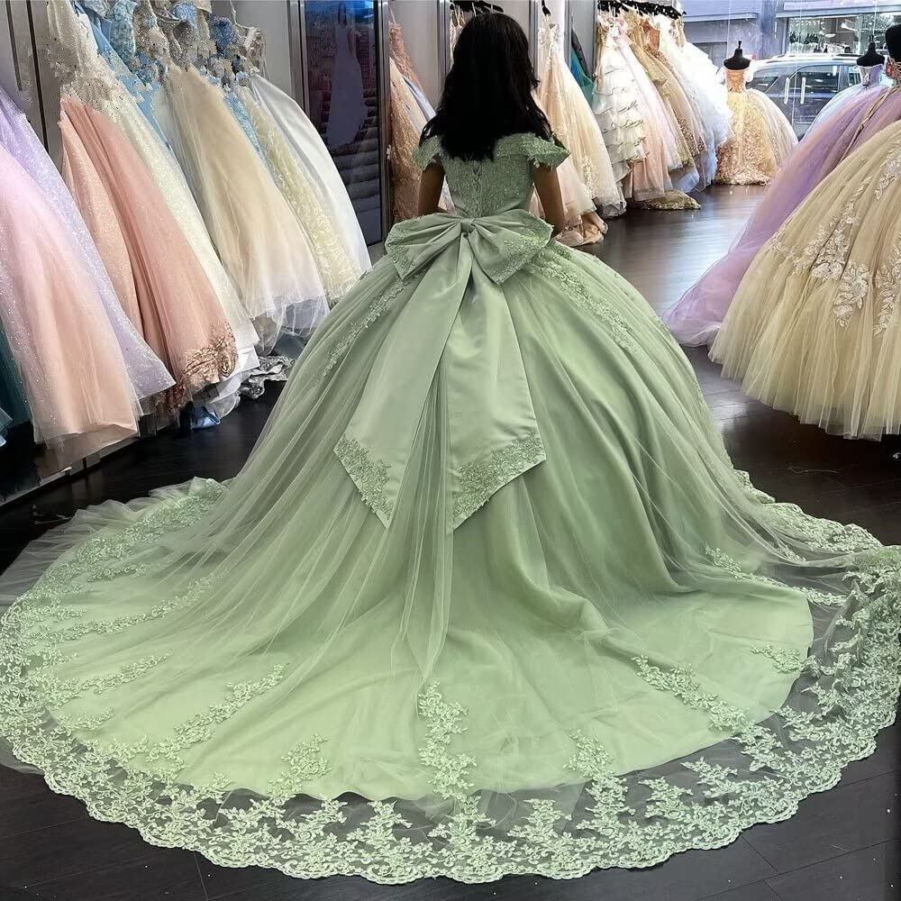 Sage Green Princess Quinceanera Dresses Applique Off Shoulder Sweet 16 Dress