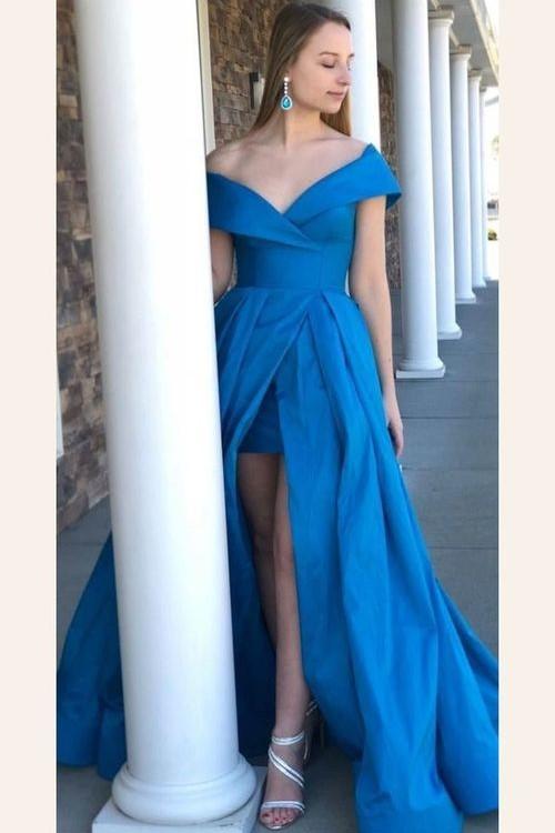 Satin Blue Prom Gown Off-the-shoulder Maxi Dress with Fitted Skirt Inside,Evening Dress