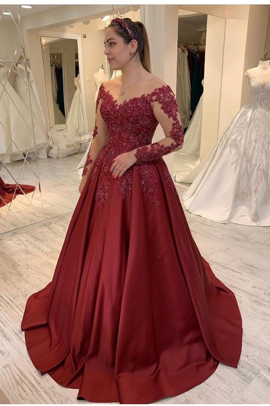 Satin Lace Burgundy Evening Gown with Illusion Sleeves