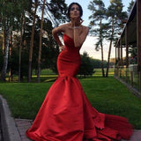 Satin Strapless Red Mermaid Dress for Prom with Open Back,Evening Dress