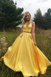 Satin Yellow Two Piece Prom Dresses with Rhinestones Pockets,Evening Dress