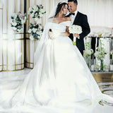 Long White Satin Wedding Dresses,Off the Shoulder Bridal Gown with Train