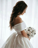 Long White Satin Wedding Dresses,Off the Shoulder Bridal Gown with Train