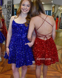 Royal Blue Cocktail and Party Sequin Dress Short with Pockets