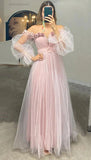 Blush Pink Off-shoulder Puffy Sleeves Tulle Princess Long Prom Dress,Special Occasion Dresses