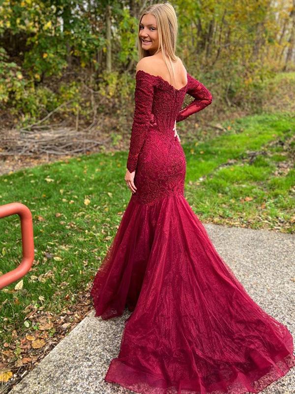 Sexy Burgundy Long Sleeves Off-shoulder Lace Mermaid Tulle Trumpet Prom Dress