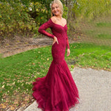 Sexy Burgundy Long Sleeves Off-shoulder Lace Mermaid Tulle Trumpet Prom Dress