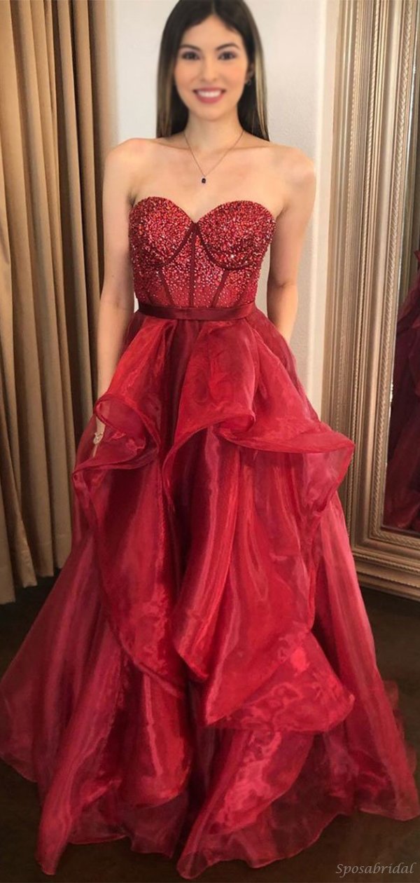 Sexy Burgundy Strapless Sweetheart Sparkling Top A-line Long Prom Dress