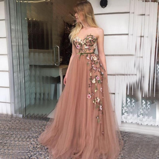 Sexy Dusty Pink Sweetheart Strapless Lace Top A-line Long Prom Dress