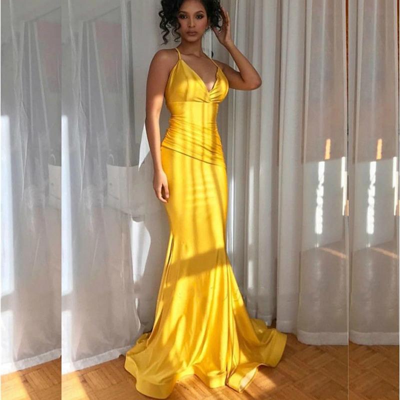 Sexy Gold Yellow Spaghetti Strap V-neck Mermaid Long Prom Dress