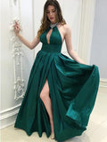 Sexy Halter Emerald Green Open Back A-line Side-slit Long Prom Dress
