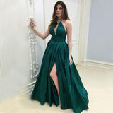 Sexy Halter Emerald Green Open Back A-line Side-slit Long Prom Dress