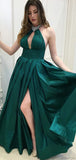 Sexy Halter Emerald Green Open Back A-line Side-slit Long Prom Dress