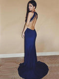 Sexy Navy Blue Unique Style Heart Open Back Side-slit Long Mermaid Prom Dress