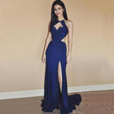 Sexy Navy Blue Unique Style Heart Open Back Side-slit Long Mermaid Prom Dress