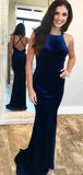 Sexy Navy Blue Velvet Open Back Mermaid Long Prom Dress