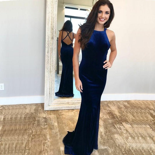 Sexy Navy Blue Velvet Open Back Mermaid Long Prom Dress