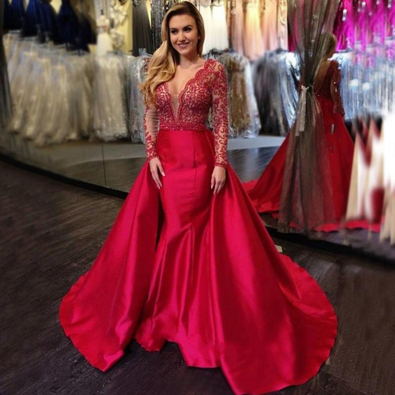 Sexy Red V-neck Lace Top Open Back Mermaid Detachable Long Prom Dress