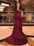 Sexy Sparkling Burgundy V-neck Pleats Side-slit Oprn Back Long Train Prom Dress