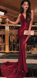 Sexy Sparkling Burgundy V-neck Pleats Side-slit Oprn Back Long Train Prom Dress